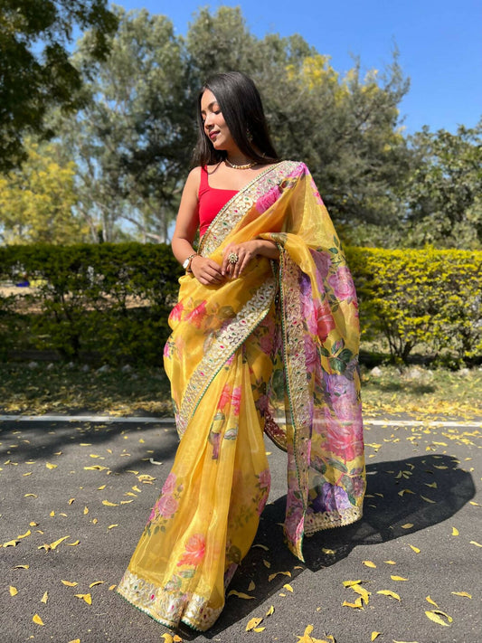 Vamsee Yellow Organza Saree - Swadesiicart