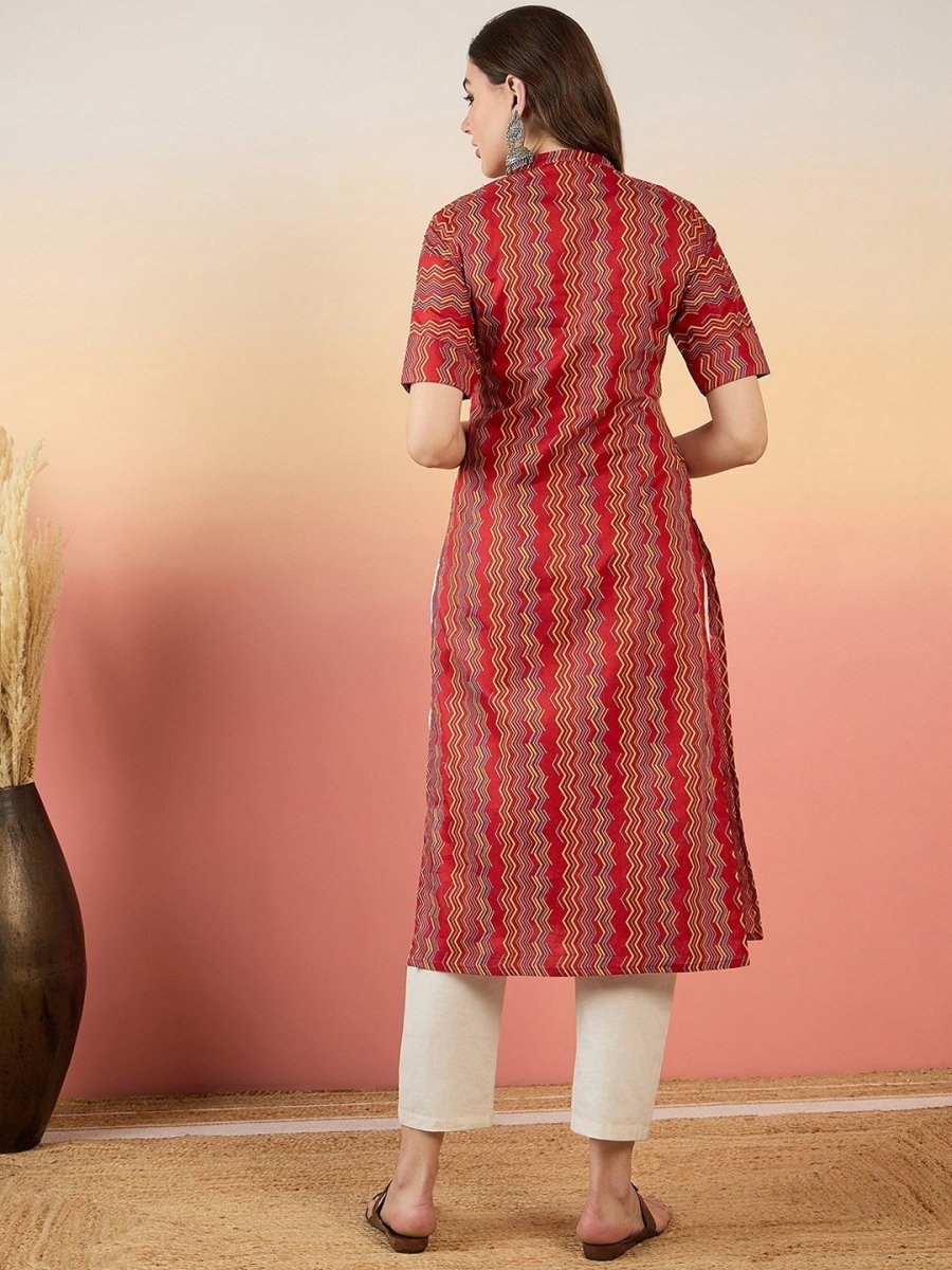 Anouk Red Chevron Printed Mandarin Collar Short Sleeves Cotton Kurta - Swadesiicart
