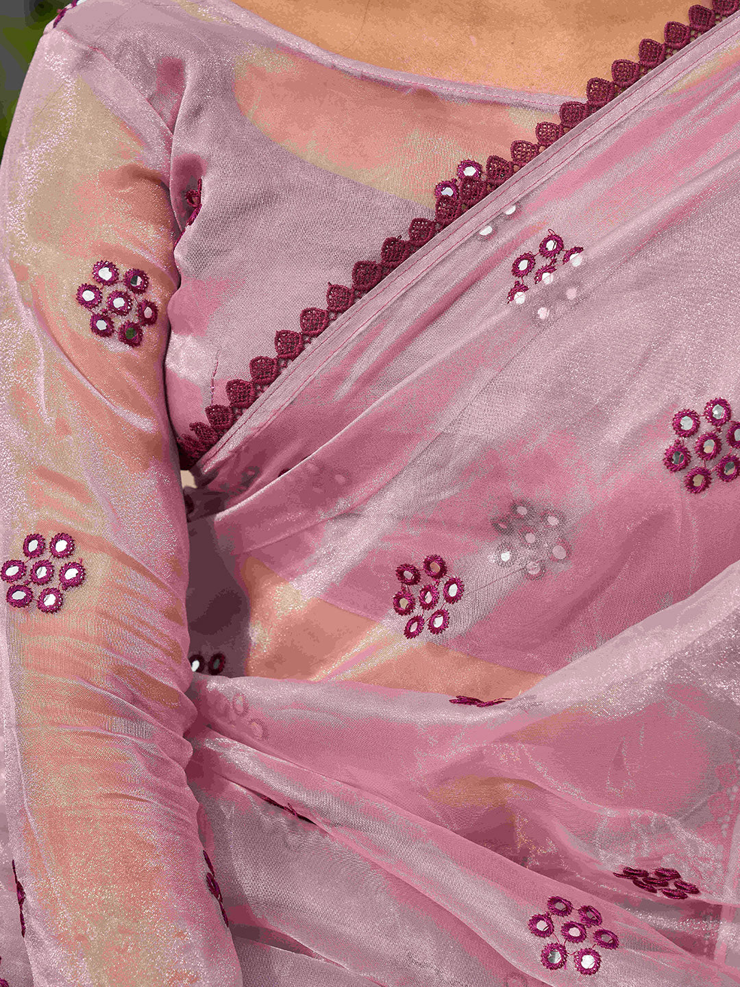 Tikhi Imli Ethnic Motifs Mirror Work Organza Saree | Swadesiicart