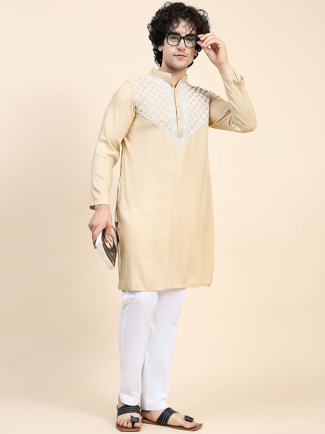 HOUSE OF KARI Ethnic Motifs Yoke Design Mandarin Collar Chikankari Pure Cotton Kurta | Swadesiicart