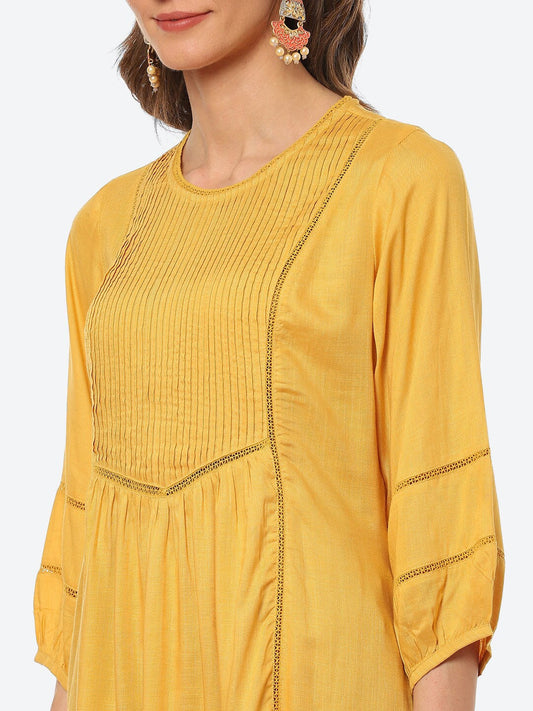 Biba Women Yellow Pleated And Panelled Puff Sleeves Kurti - Swadesiicart