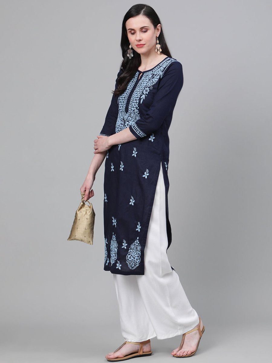 ADA Women Blue Chikankari Hand Embroidered Cotton Straight Sustainable Handloom Kurta | Swadesiicart