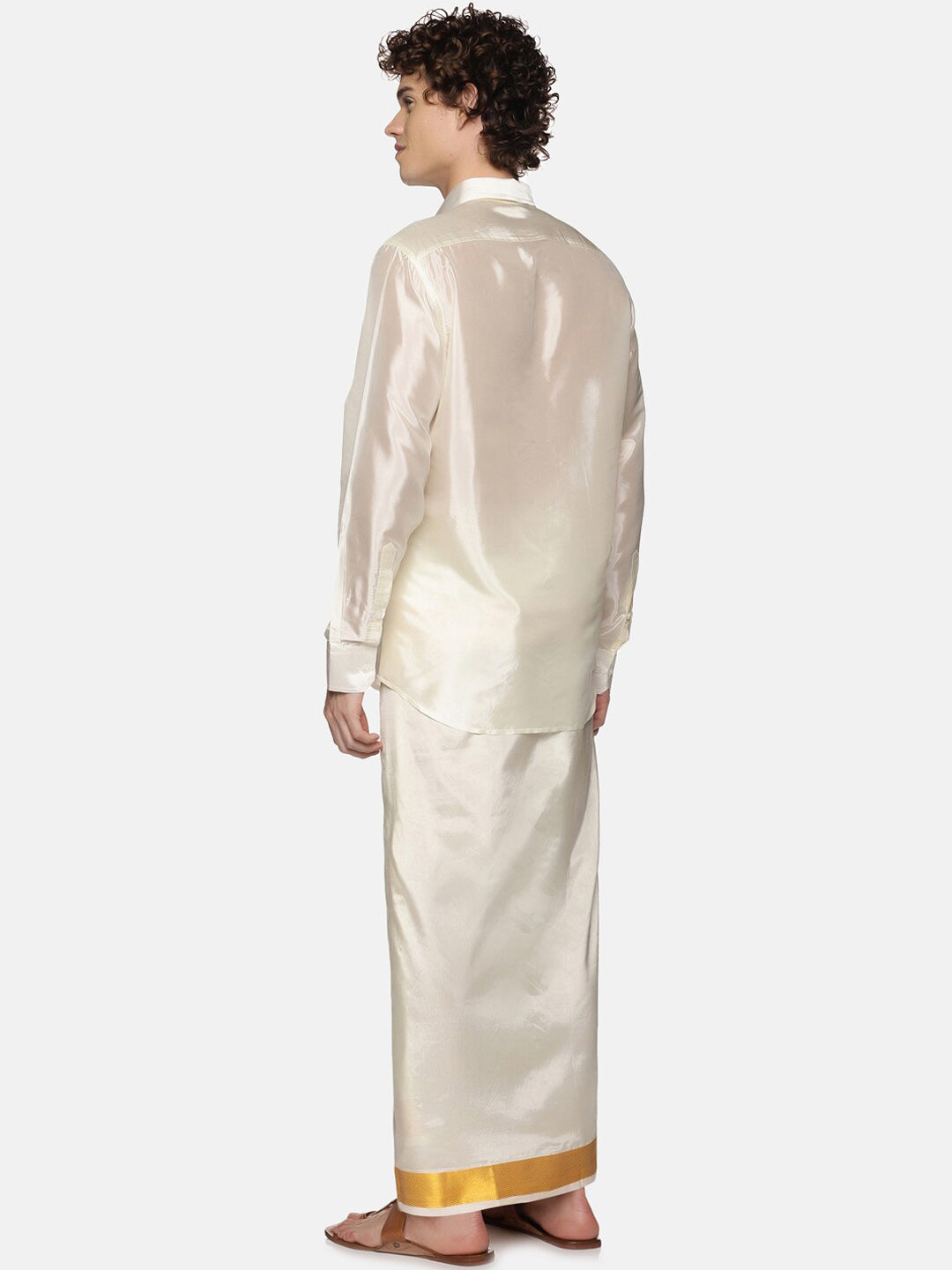 Sethukrishna Men Cream-Colored & Golden Solid Veshti | Swadesiicart