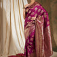 Sangria Burgundy & Gold-Toned Ethnic Motifs Woven Design Zari Silk Blend Banarasi Saree | Swadesiicart
