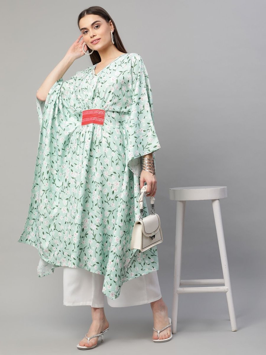Ahalyaa Women Light Green Rayon Printed Flared Sleeve Kaftan Kurta | Swadesiicart