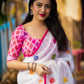 White Pure Linen Ethnic Motifs Saree with Unstitched Blouse - Hiral Fashion | Swadesiicart