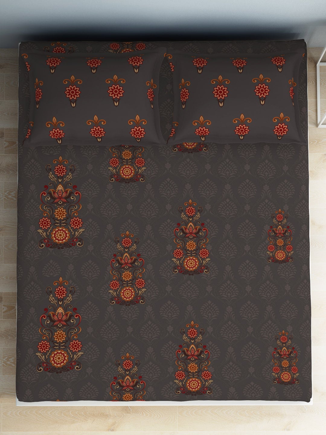 SPACES Aurum Grey Ethnic Motifs Pure Cotton 140 TC Queen Bedsheet with 2 Pillow Covers - Swadesiicart