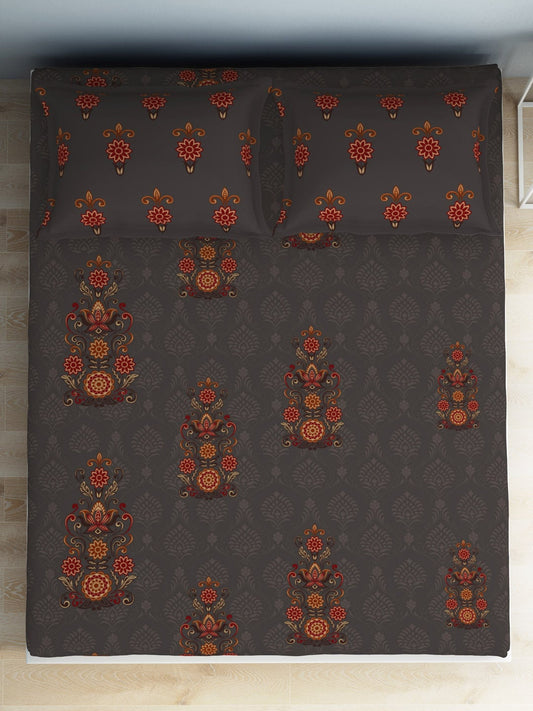 SPACES Aurum Grey Ethnic Motifs Pure Cotton 140 TC Queen Bedsheet with 2 Pillow Covers - Swadesiicart