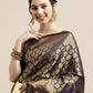 Saree Mall Navy Blue & Gold-Toned Ethnic Motifs Zari Silk Blend Banarasi Saree | Swadesiicart