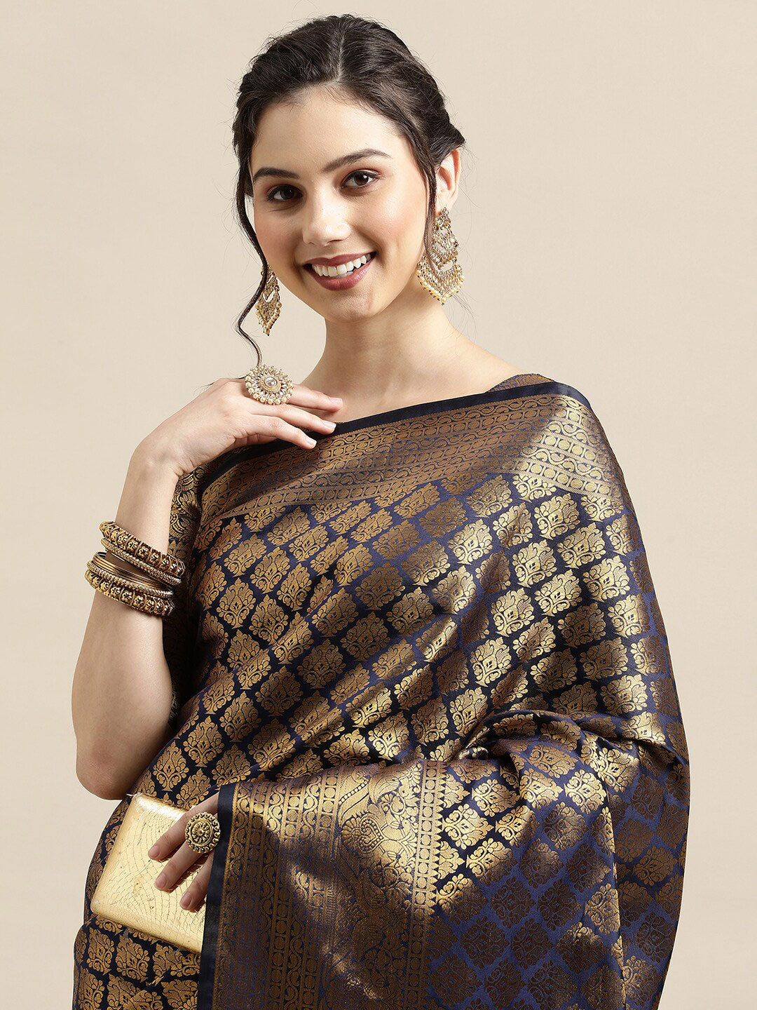 Saree Mall Navy Blue & Gold-Toned Ethnic Motifs Zari Silk Blend Banarasi Saree | Swadesiicart