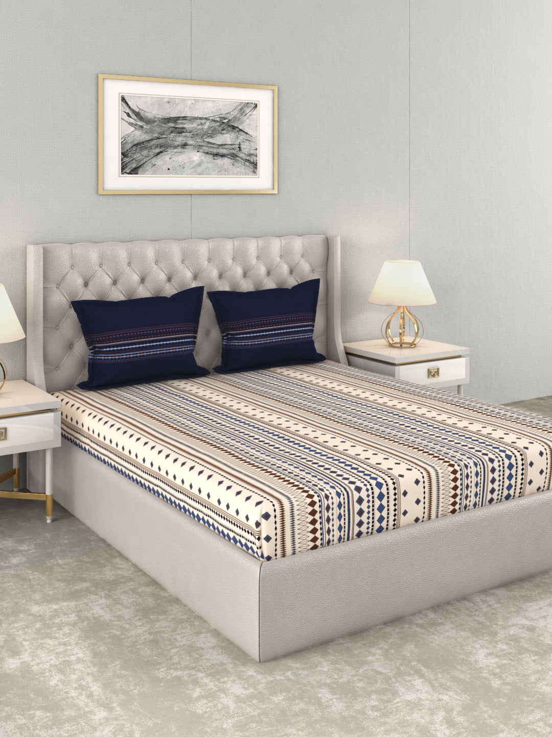 MYTRIDENT Multicoloured Blue Geometric 120 TC Cotton 1 Queen Bedsheet with 2 Pillow Covers - Swadesiicart
