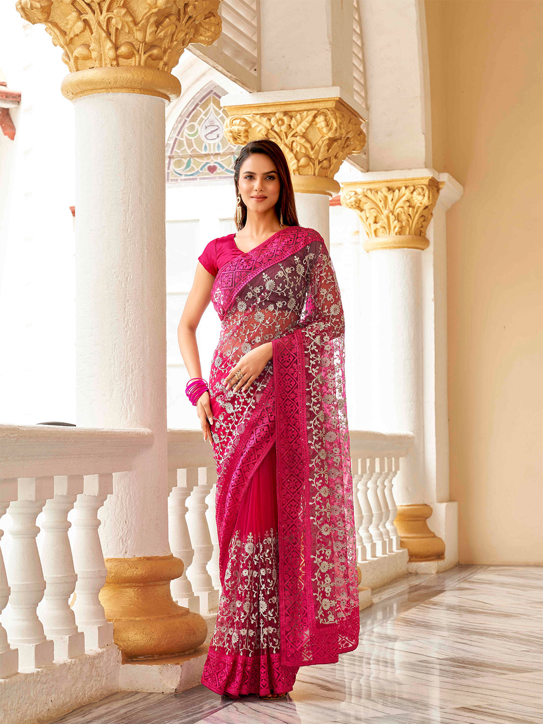 Tikhi Imli Embellished Beads and Stones Net Heavy Work Saree | Swadesiicart