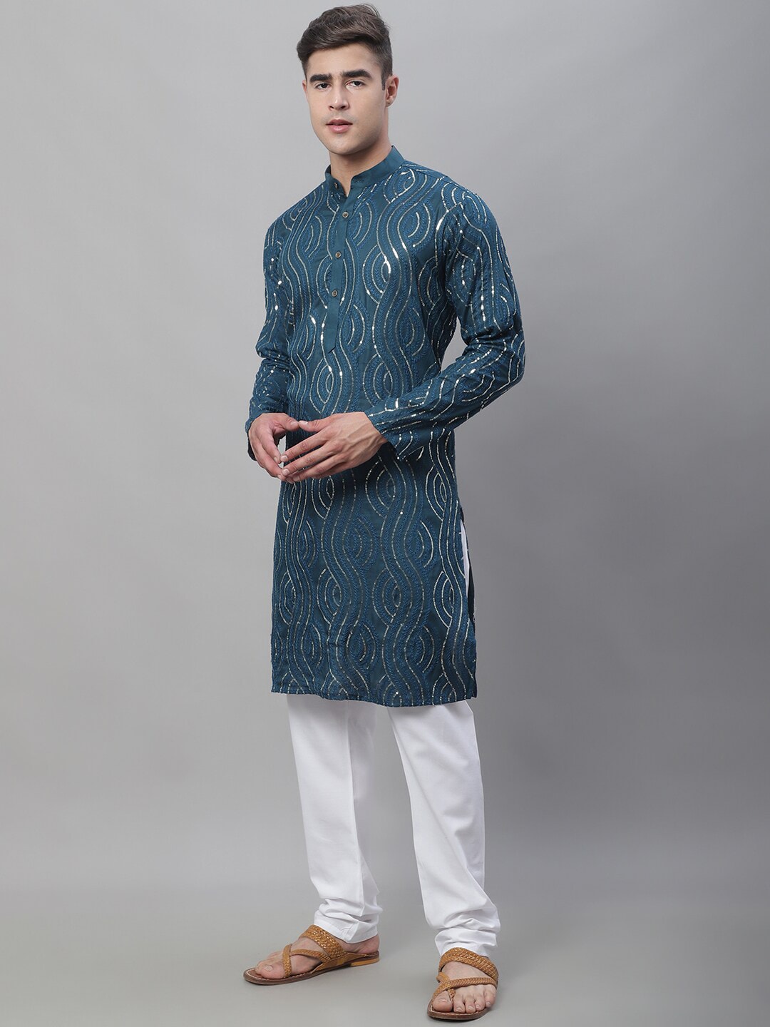 Sojanya Ethnic Motifs Embroidered Sequinned Pure Cotton Kurta with Churidar | Swadesiicart