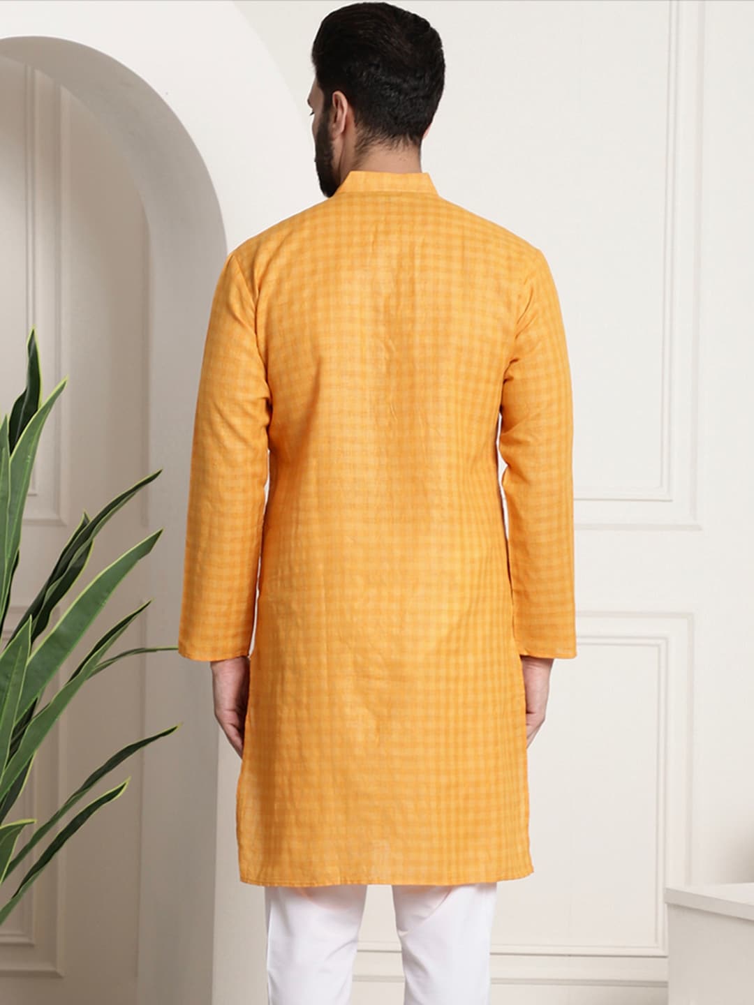 Sojanya Men Mustard Yellow Dobby Self-Checked Straight Kurta | Swadesiicart
