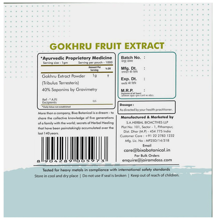 Bixa Botanical Gokhru Fruit Extract Powder 40% Saponins | Swadesiicart