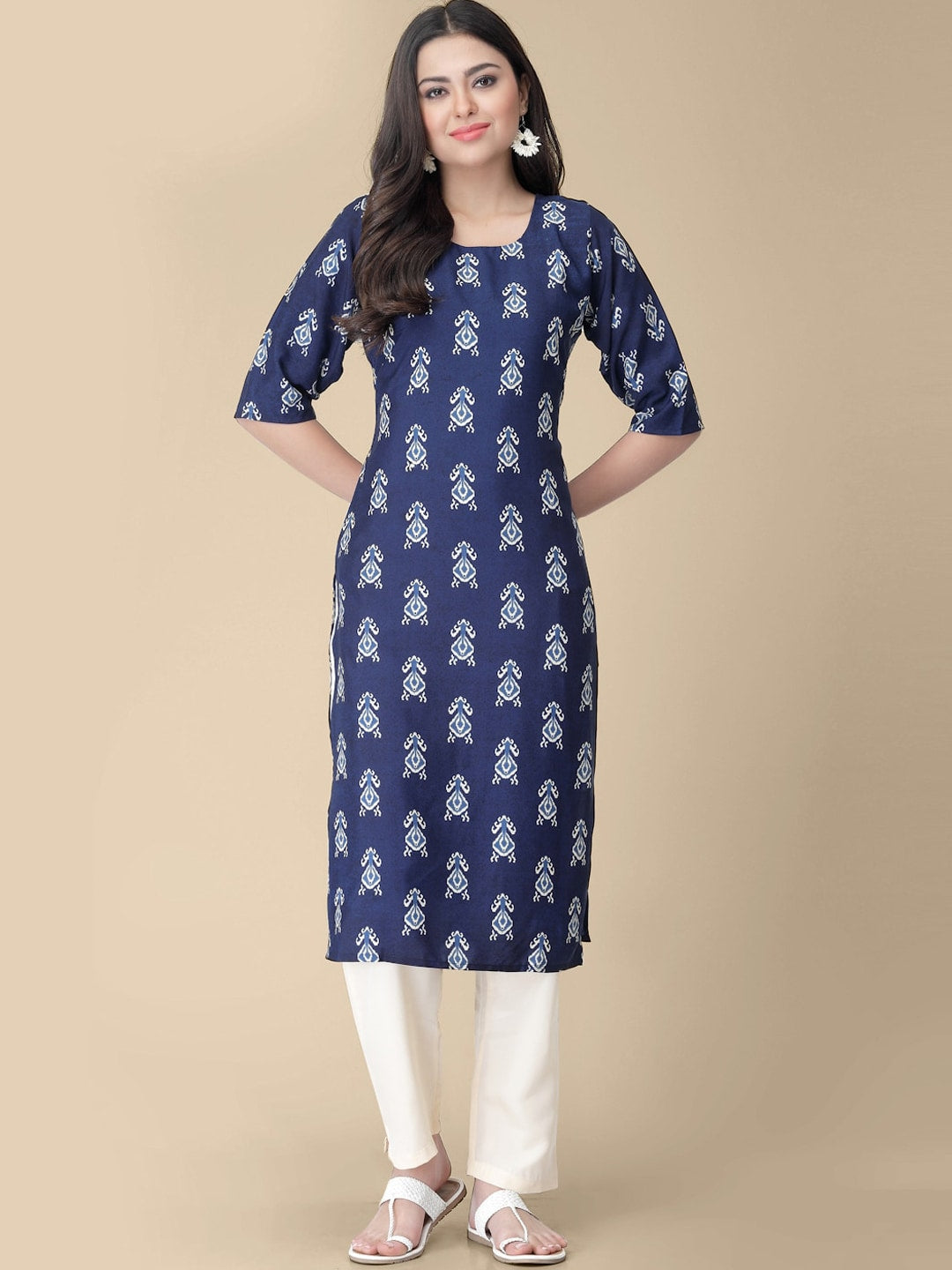 Kalini Ethnic Motifs Printed Round Neck Kurta with Trousers - Swadesiicart