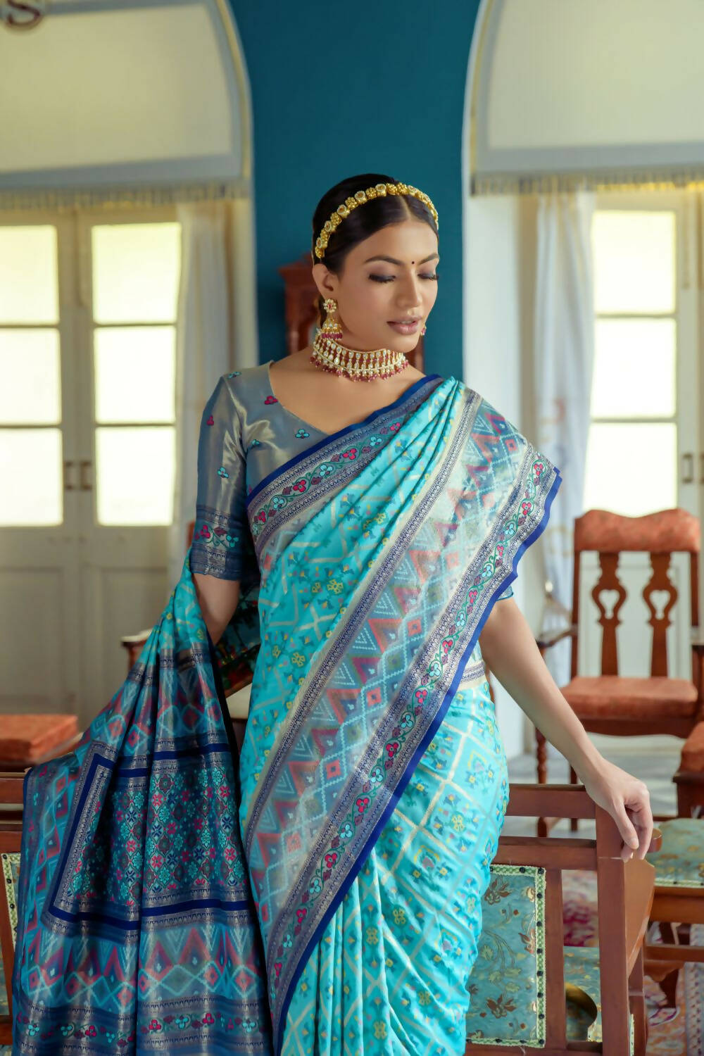 Vishnu Weaves Women's Firozi Patola Banarasi Silk Meenakari Zari Woven Saree with Blouse - Swadesiicart