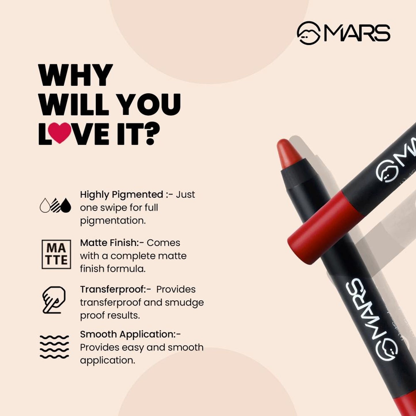 MARS Cosmetics Won't Smudge Won't Budge Lip Crayon - Boss Lady - Swadesiicart