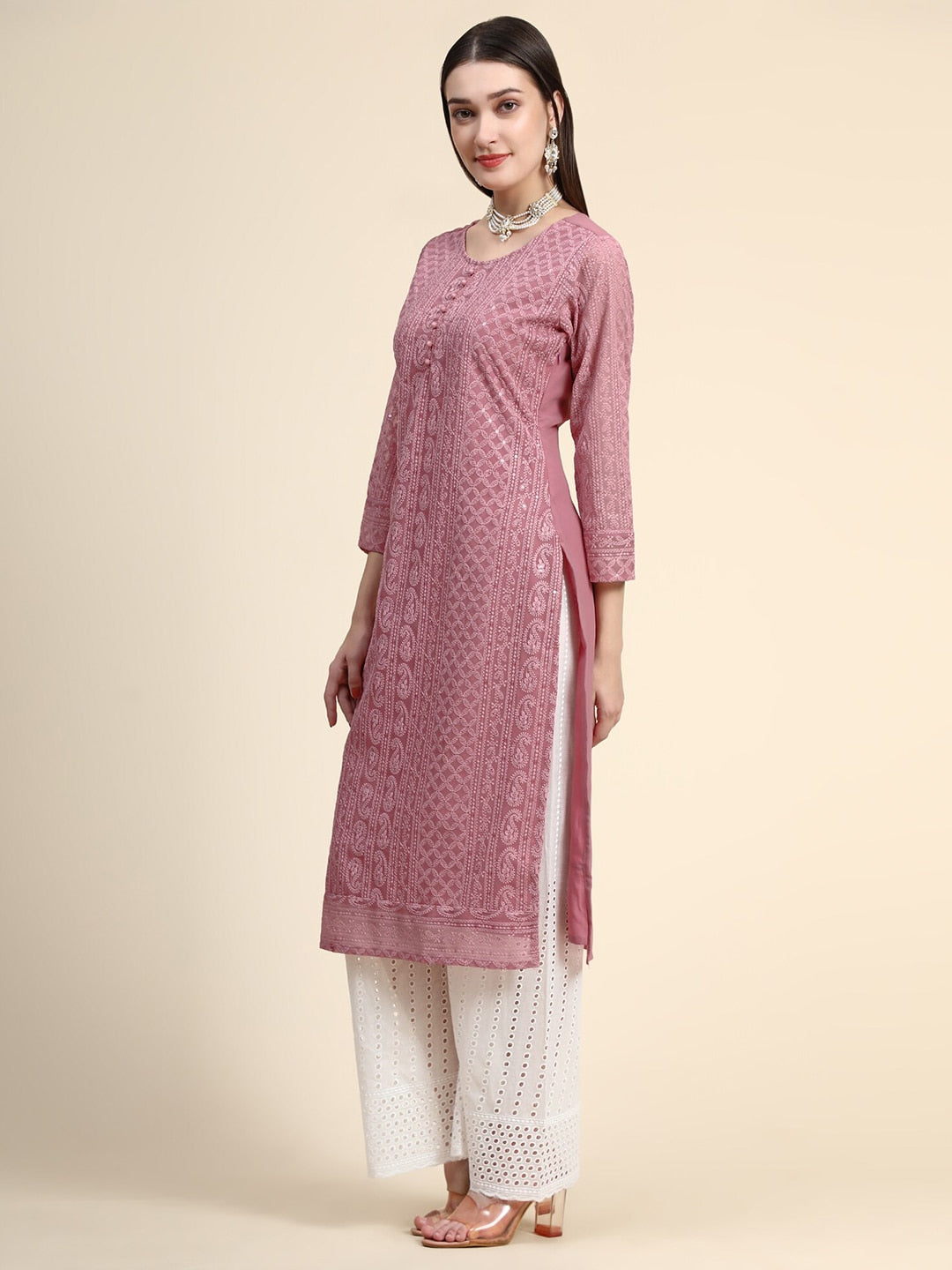 Kalini Round Neck Paisley Embroidered Chikankari Georgette Kurta | Swadesiicart