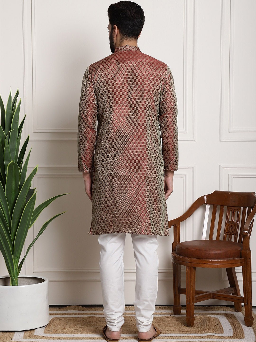 Sojanya Men Maroon & Off-White Woven Design Kurta with Churidar | Swadesiicart