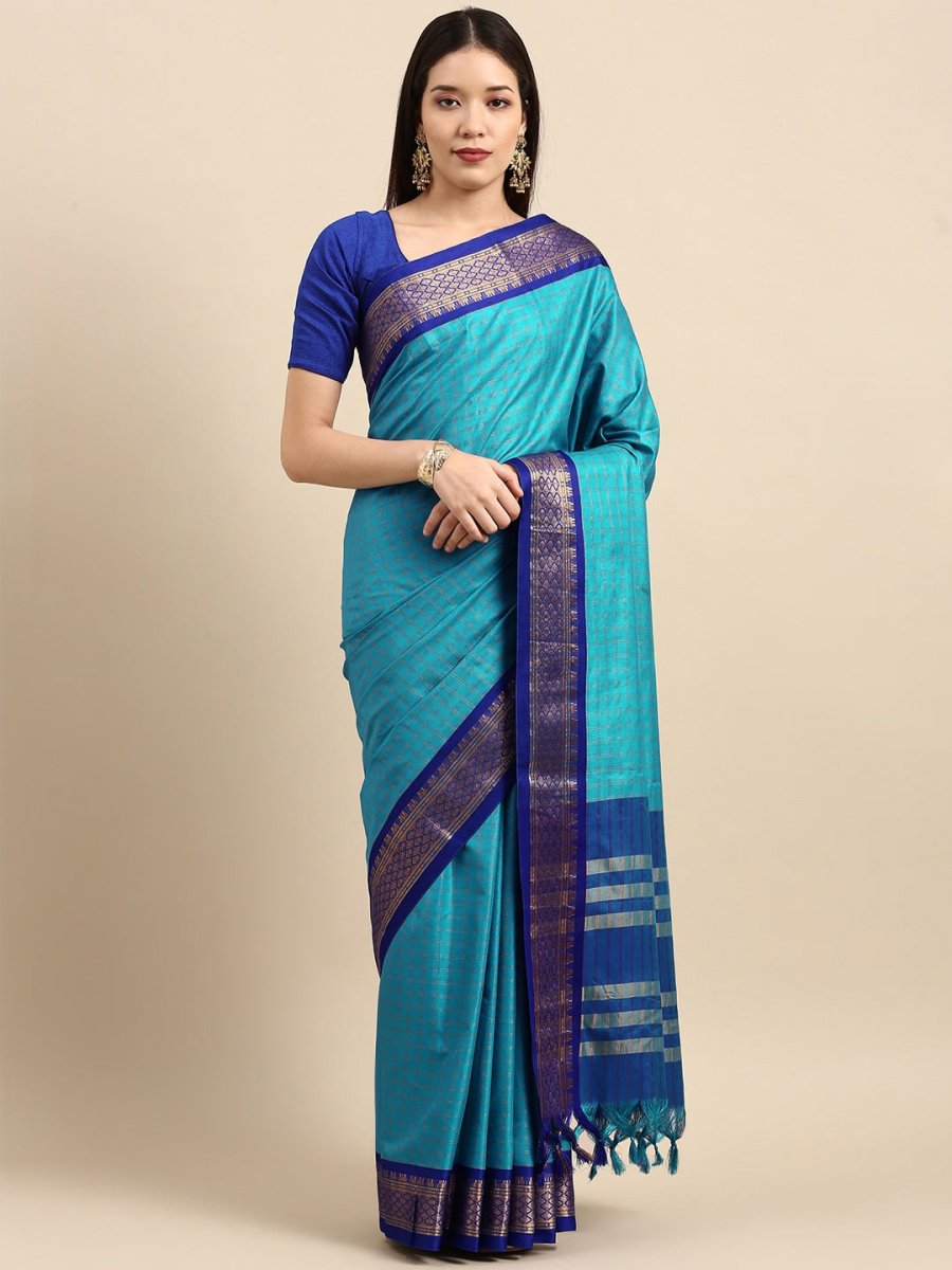Anouk Blue & Gold-Toned Woven Design Pure Silk Banarasi Saree | Swadesiicart
