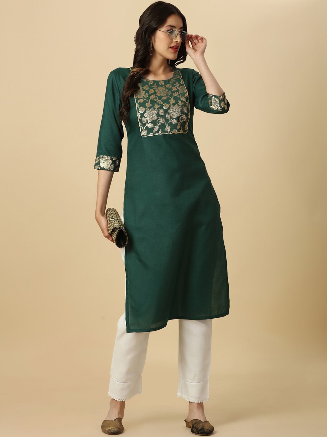 HERE&NOW Green Floral Yoke Design Gotta Patti Kurta - Swadesiicart
