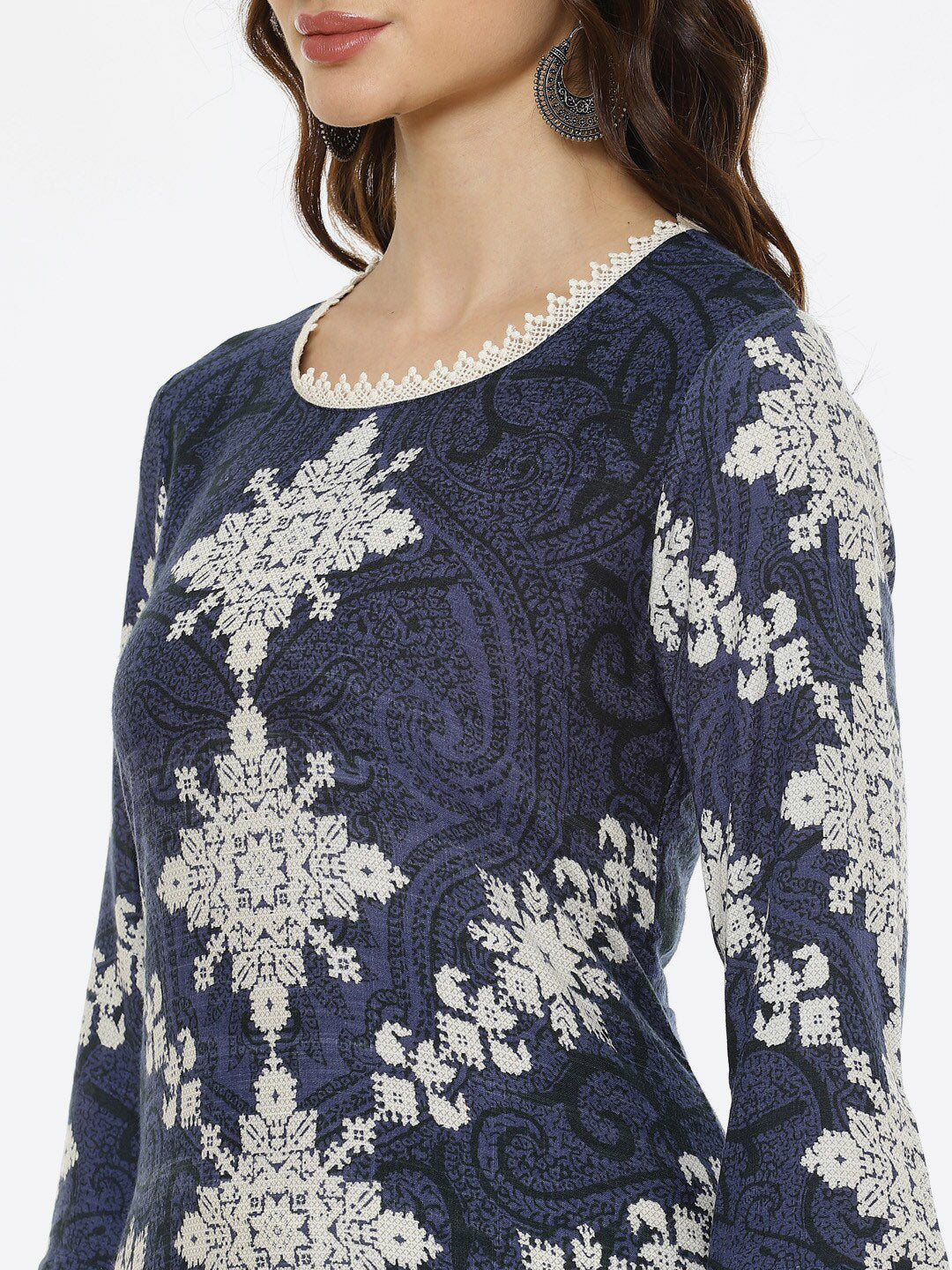 Biba Women Navy Blue & White Ethnic Motifs Printed Kurta - Swadesiicart