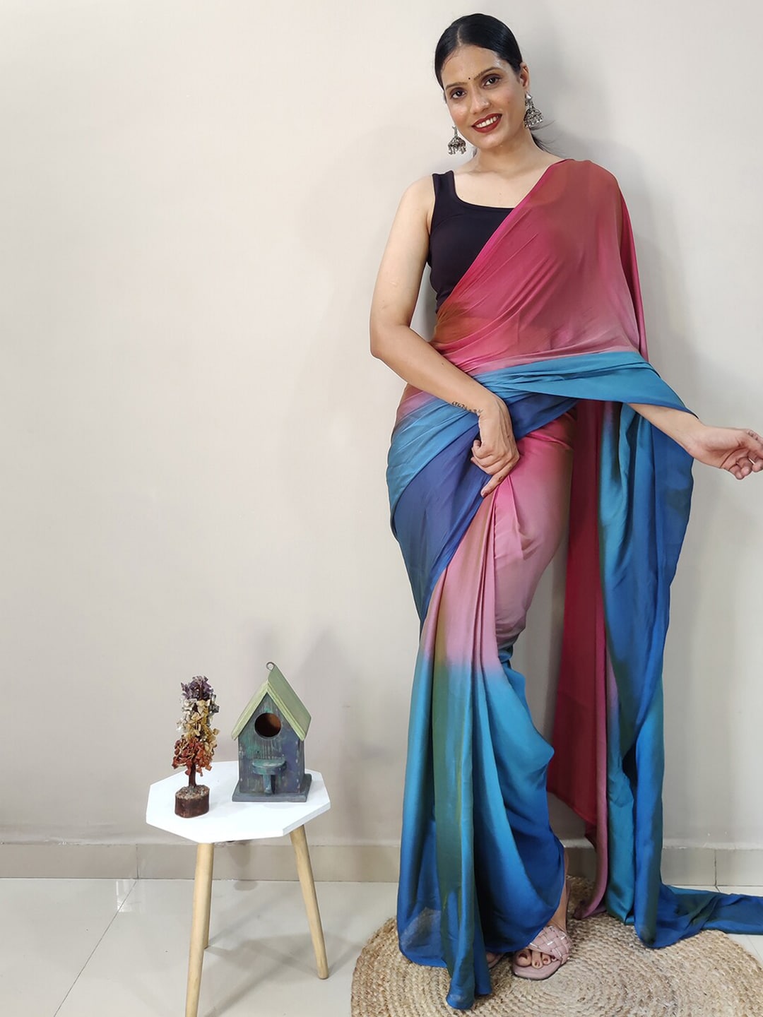 Mitera Pink & Blue Ombre Ready To Wear Saree | Swadesiicart