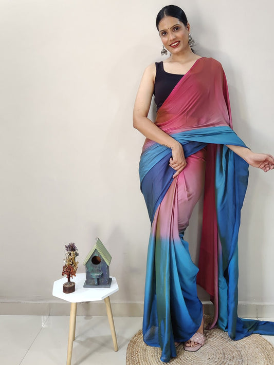 Mitera Pink & Blue Ombre Ready To Wear Saree | Swadesiicart
