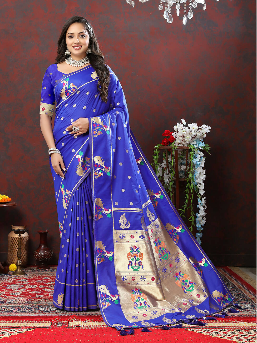 Lorenvalley Fashion Blue Soft Paithani Silk Woven Design Gold Zari Meenakari Weaving Saree - Swadesiicart