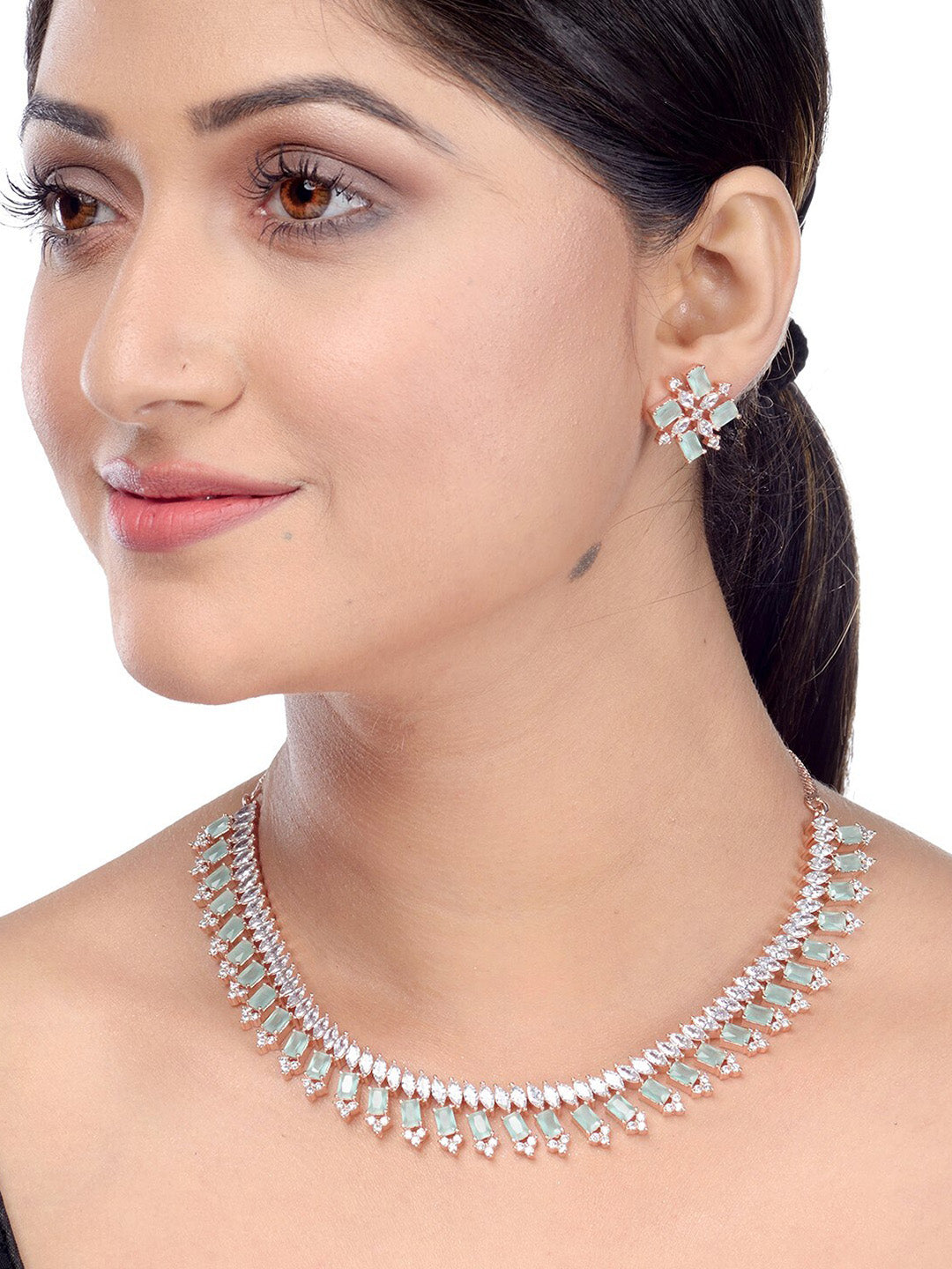 Saraf RS Jewellery Sea Green & Rose Gold-Polished American Diamond Studded Jewellery Set - Swadesiicart