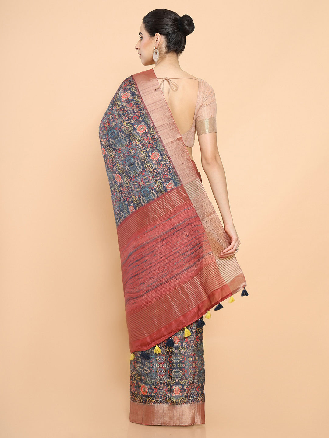 Soch Blue & Pink Floral Zari Silk Blend Ready to Wear Saree | Swadesiicart