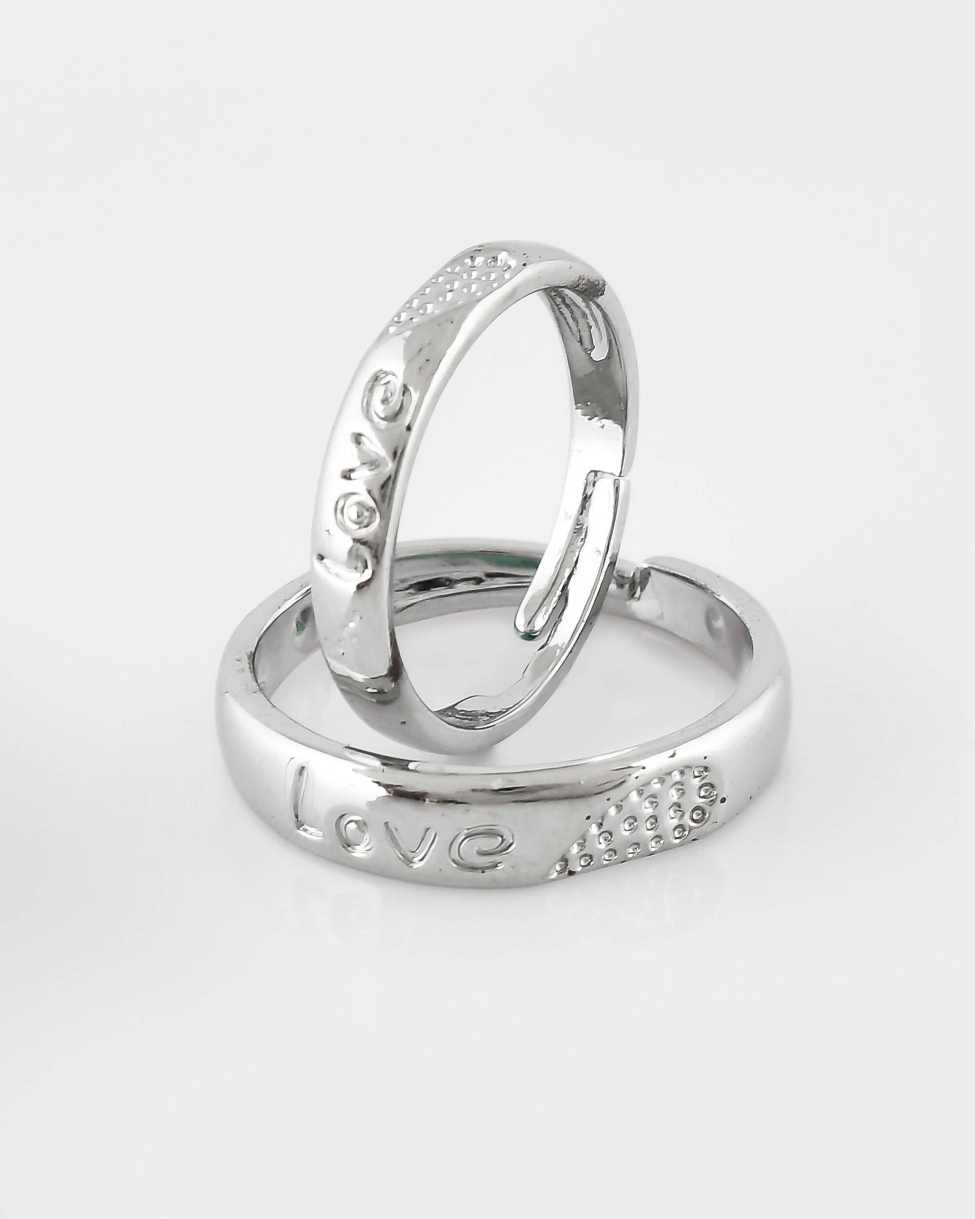 VOJ Stainless Steel Cubic Zirconia Silver Plated Adjustable Ring Set for Couple | Swadesiicart