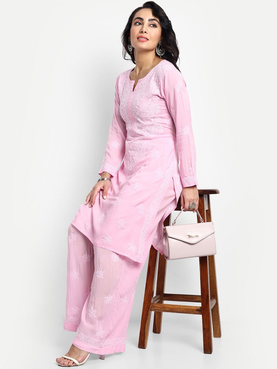 ADA Floral Embroidered Round Neck Long Sleeve Regular Chikankari Kurta With Palazzos | Swadesiicart