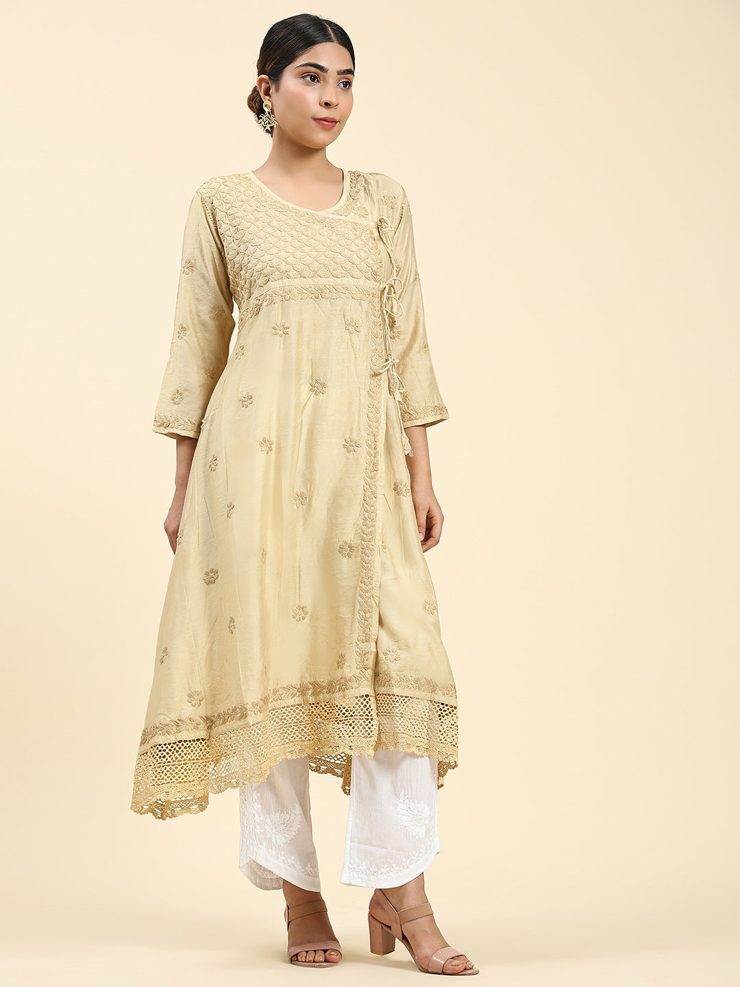 HOUSE OF KARI Embroidered Chikankari Chanderi Silk Anarkali Kurta | Swadesiicart