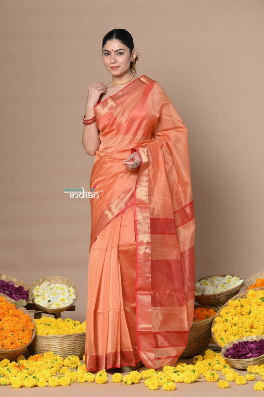 Very Much Indian Rajsi - Handloom Ari Checks Cotton Silk Saree With Golden Border - Orange | Swadesiicart