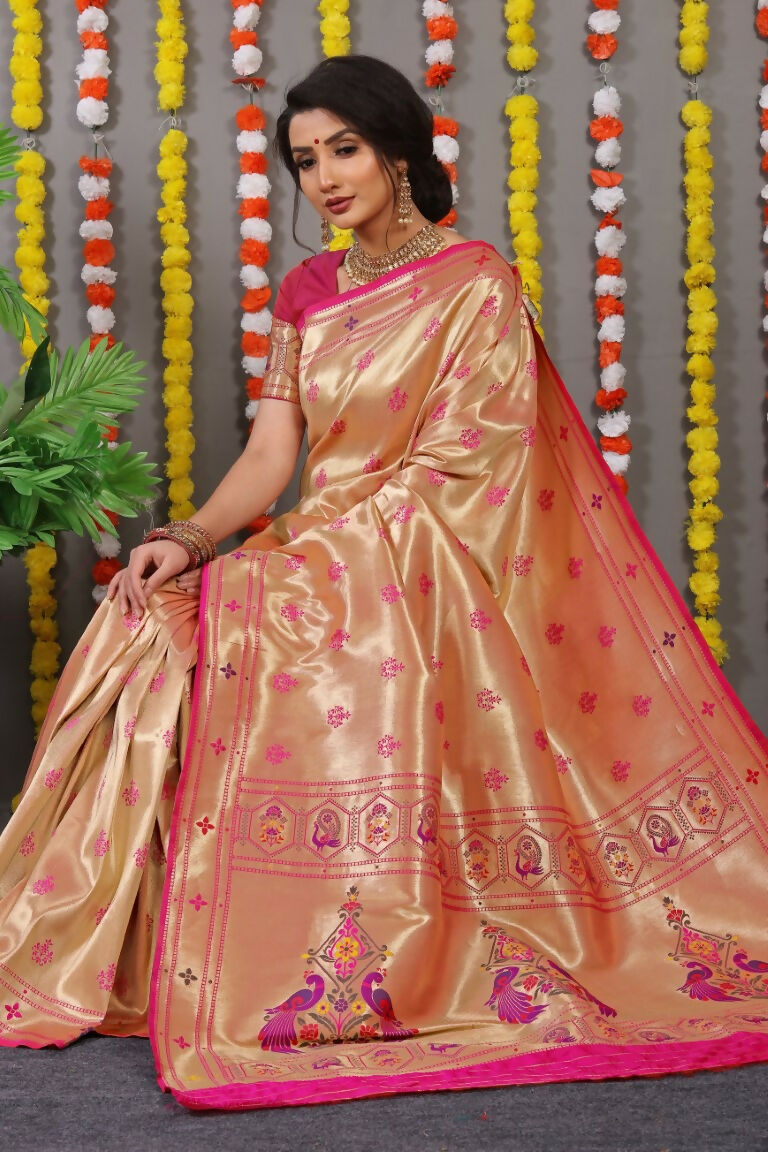 Jyoti Fashion Women's Rani Pink Paithani Silk Zari Woven Saree with Blouse | Swadesiicart