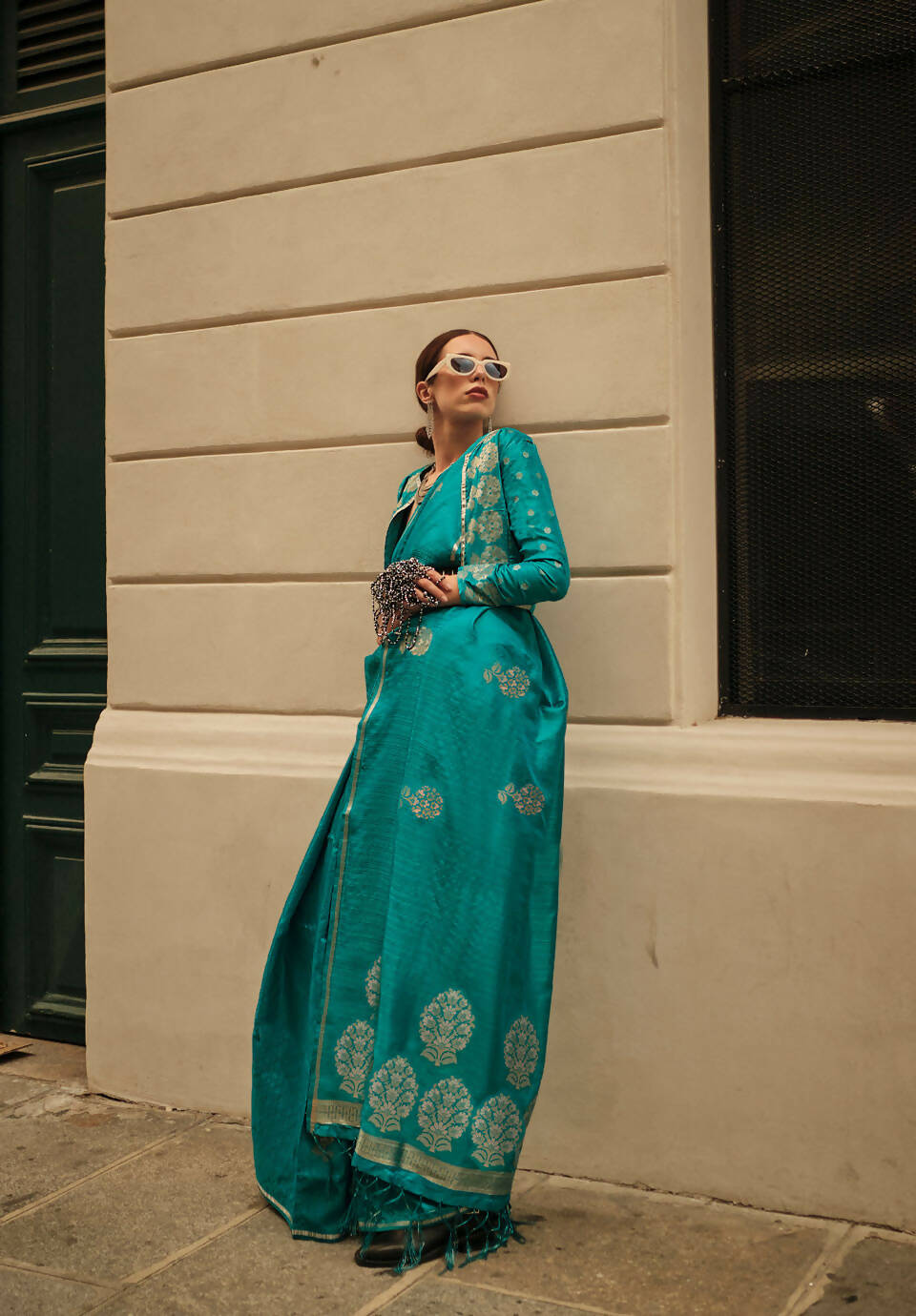Pacific Blue Weavead Thread & Zari Work, Handloom Weaving Banarasi Satin Silk Saree - Rajtex Kronicle Silk - Swadesiicart