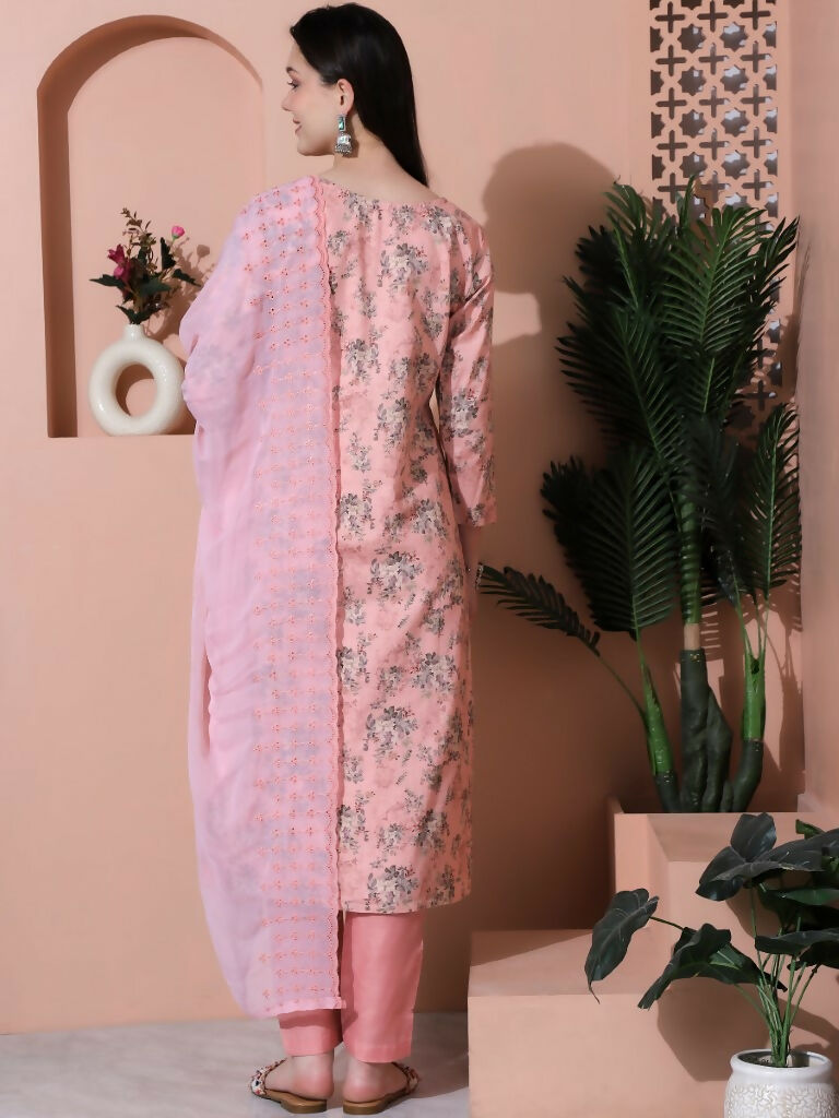 Jyoti Fashion Women's Pink Cotton Floral Digital Printed Kurta with Trouser & Dupatta | Swadesiicart
