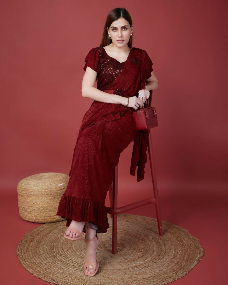 Maroon Imported Crush Solid Ready to Wear Saree with stitched Blouse - Aayan | Swadesiicart