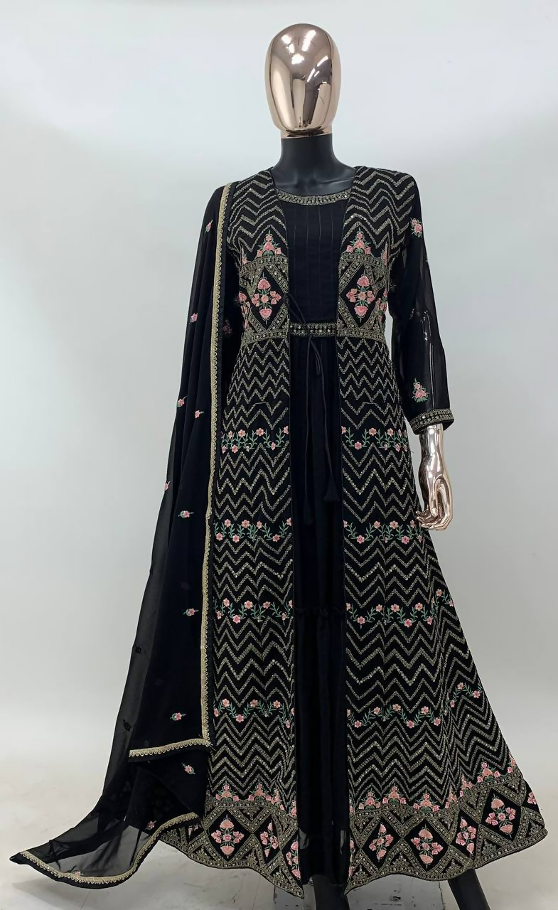 Lorenvalley Fashion Black Faux Georgette Embroidery Work Gown Jacket Stitched | Swadesiicart