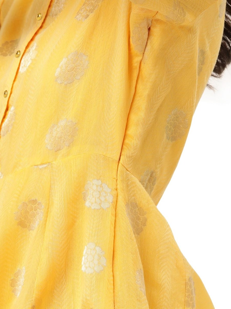 Ahalyaa Women Yellow Chanderi Jacquard Woven Dress | Swadesiicart