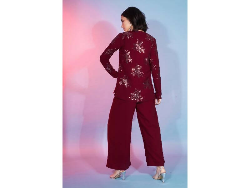 Red Georgette Sequence With Thread Designer Co-Ord Set - Flory - Swadesiicart