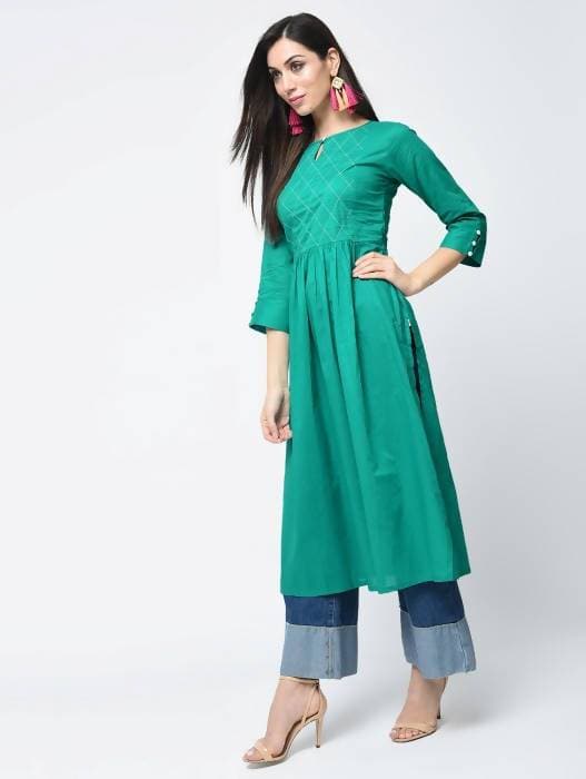 Aniyah Cotton Solid Flared Kurta With Key Hole Neck In Turquoise (AN-104K) - Swadesiicart