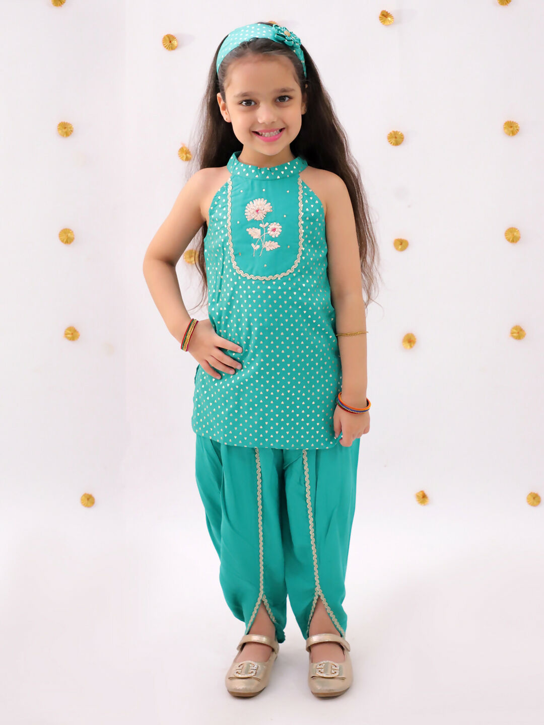 Lil Drama Khilkhilahat Green Kurta Dhoti Set For Girls | Swadesiicart