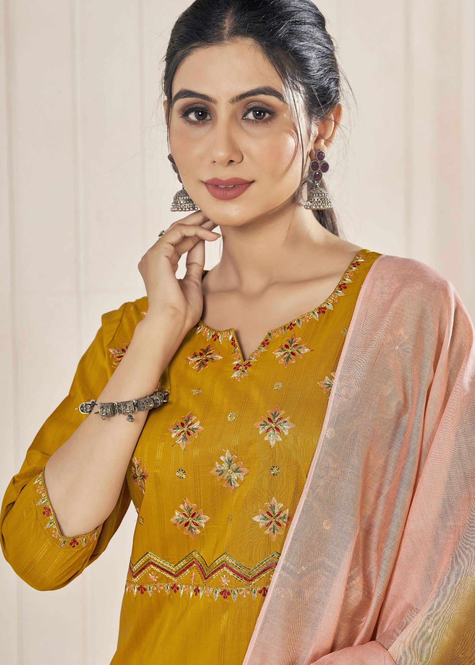 Jyoti Fashion Women's Mustard Pure Viscose Weaving Stripe with Embroidery Kurta Set | Swadesiicart