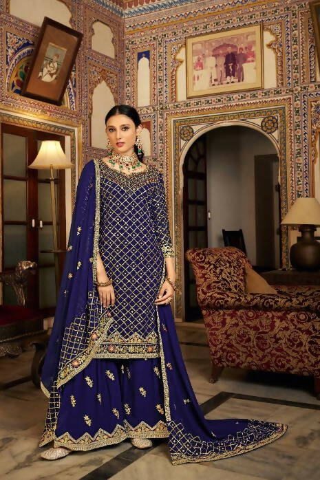 Blue Heavy Chinon Semi Stitched Kurta with Bottom & Dupatta - Dhvani