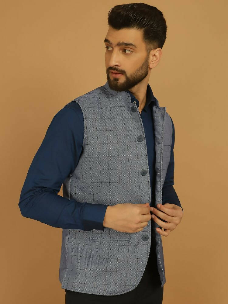 Even Apparels Nehru Jacket With Welt Pockets - Blue | Swadesiicart