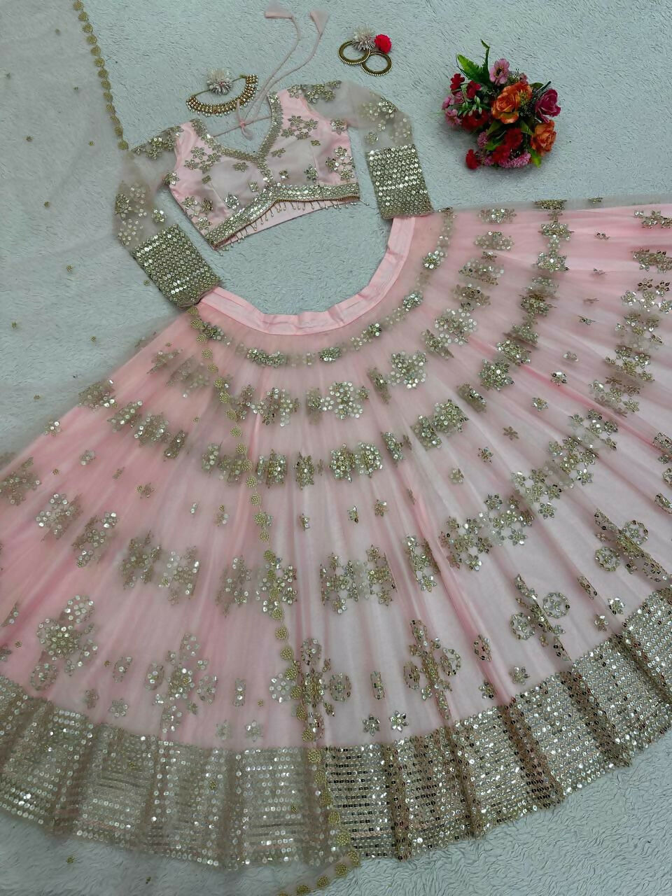 Jyoti Fashion Women's Baby Pink Butterfly Net 9MM Sequins with Thread Embroidered Designer Lehenga Choli Set | Swadesiicart