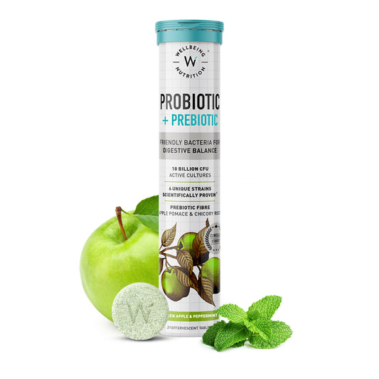 Wellbeing Nutrition Probiotic + Prebiotic Effervescent Tablets-Green Apple & Mint Flavor - Nutritionalab Private Limited
